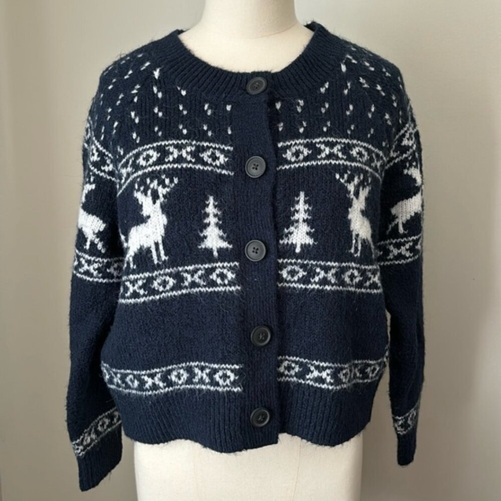 Old Navy Fair Isle Wool Blend Knit Button Up Cropped Holiday Cardigan Blue/White